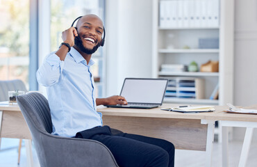 Poster - Call center, customer support and portrait of black man on laptop for consulting, hotline and email. Corporate, happy and worker on computer with headset for telemarketing, communication and contact