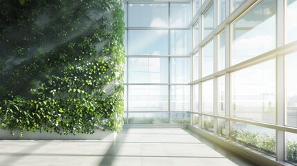 Poster - This image captures the essence of modern design, showcasing a spacious office interior with a large green wall, bright sunlight streaming through expansive windows, and a minimalist aesthetic. It sym