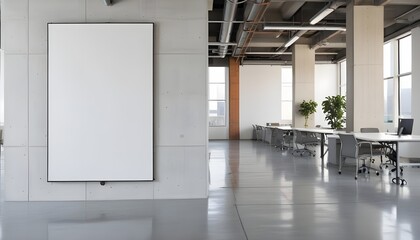 Wall Mural - A large, open office space with concrete floors, exposed pipes and ductwork on the ceiling, and a large white wall panel.