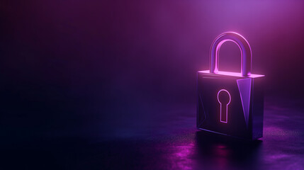 Purple neon padlock glowing in light symbolizes security, protection, and digital safety