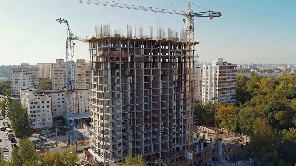 Building under construction with crane and construction site active and ...