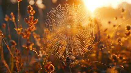 A spider web is in the foreground of a field of flowers