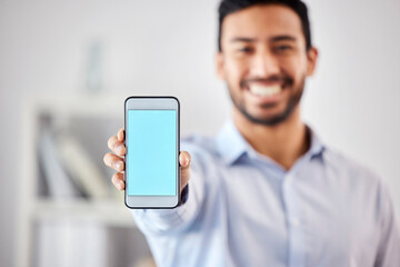 Aufkleber - Businessman, hand and phone with mockup on chromakey for social media advertising space and company webpage. Employee, man and empty display of mobile for contact us information and happy in office