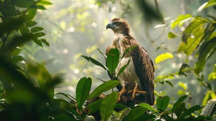 a bird is perched on a tree branch in a lush green forest