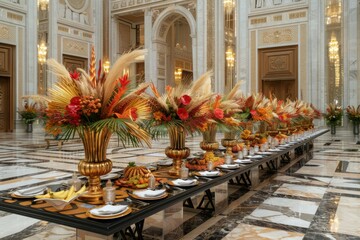 Poster - Luxurious Dining Setup with Elegant Table Settings and Floral Arrangements