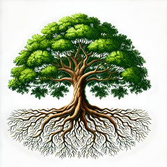 Illustration of a large tree with a fully visible root system on a white background