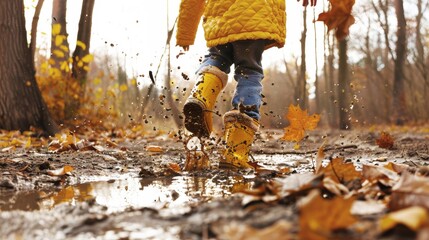 Preschooler in yellow jacket jumping in muddy puddle on rainy day in park. Child playing outdoors in fall weather. Autumn fun for kids in nature.