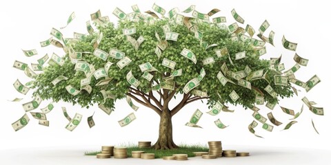 Wall Mural - Money Tree 3D Render of a Green Tree with Falling Dollar Bills and Coin Stacks, financial success, wealth, investment , money tree , 3d rendering