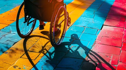 Poster - Person in a wheelchair crossing a colorful painted sidewalk. Highlighting urban accessibility and inclusion.