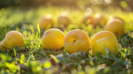 Poster - Fresh organic yellow plums in a grassy setting Agriculture harvest and health