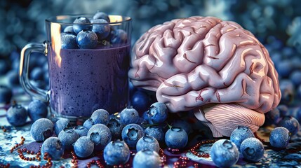 Wall Mural - A 3D illustration of a brain, surrounded by blueberries and a glass of blueberry smoothie, highlighting brain-boosting antioxidants.