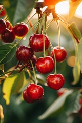 Wall Mural - Branch of ripe cherries on a tree in a garden. selective focus, Generative AI,