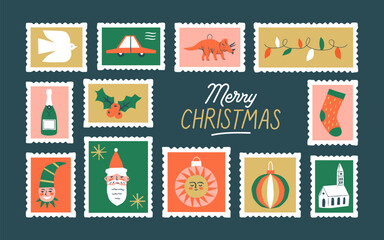 Merry Christmas vintage post card stamp illustration. Retro style winter holiday postage sticker collection, xmas celebration mail postmark, festive postal label.