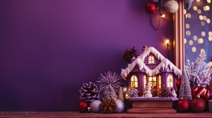 Wall Mural - Christmas theme featuring toy house and decor on wooden shelf against purple backdrop