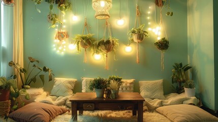 Wall Mural - A charming living space with pastel green walls, warm fairy lights illuminating a cluster of hanging plants, and a vintage wooden coffee table surrounded by fluffy cushions.