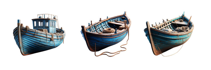 Old blue wooden fishing boat, set of against Transparent background