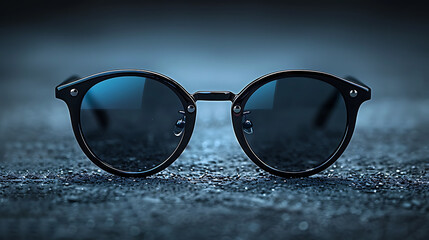 Sunglasses with black glasses on a dark background. Selective focus.