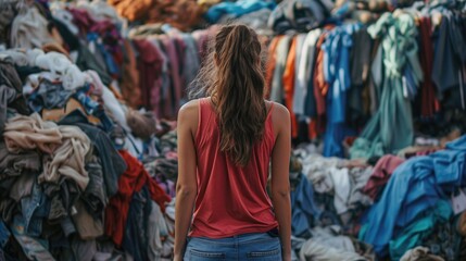 Young woman near massive heaps of discarded clothing, reflecting the issues of excessive production, wasteful consumption, and environmental pollution,generative ai