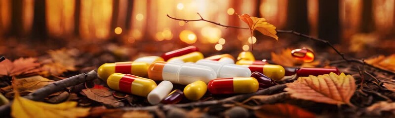 close-up of various pills and capsules scattered among autumn leaves on the forest floor. The warm, golden light filters through the trees. autumn fall park forest. Healthcare and medicine concept