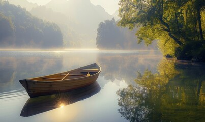 Wall Mural - Early morning fishing trip, boat on a serene lake, golden light, peaceful reflection