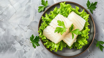 Healthy steamed cod fillet with lettuce on a simple plate, top view, with ample space left for text or additional elements.