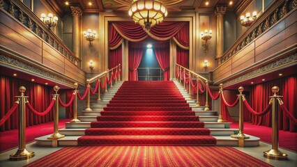 Golden Staircase with Red Carpet, Red Velvet Curtains, Grand Entrance, Hollywood, Award Ceremony, Luxury, Premiere