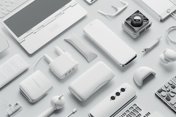 Poster - An assortment of electronic devices, including laptops, tablets, smartphones, and headphones, neatly arranged on a table, Monochromatic design of the Internet of Things (IoT) devices, AI Generated