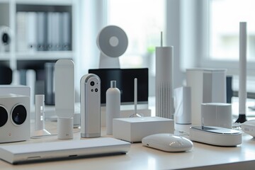 Poster - A variety of electronic devices, including smartphones, tablets, laptops, and headphones, are neatly organized on a table, Monochromatic design of the Internet of Things (IoT) devices, AI Generated
