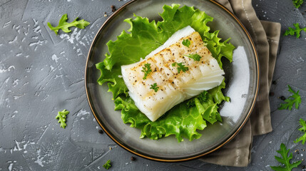 Wall Mural - Healthy steamed cod fillet with lettuce on a simple plate, top view, with ample space left for text or additional elements.