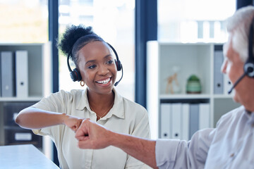 Poster - Teamwork, business people and fist bump for success in call center, solution or achievement of sales target. Staff, man and woman for coworking with hand gesture, celebrate or telemarketing in office