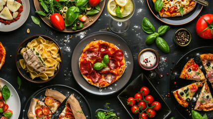 Wall Mural - Italian cuisine spread: pizza, pasta, ravioli, carpaccio, Caprese salad, and tomato bruschetta, top view on a black background.