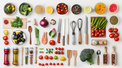 Wall Mural - Assorted food products and kitchen utensils, including fresh vegetables, spices, and cooking tools, isolated on a white background.