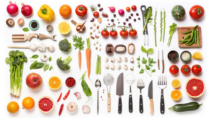 Wall Mural - Assorted food products and kitchen utensils, including fresh vegetables, spices, and cooking tools, isolated on a white background.