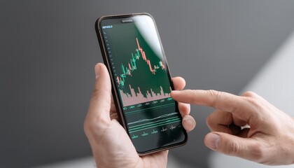 Finger pointing to smartphone for stock trading