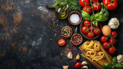 Wall Mural - Fresh Italian food ingredients: vegetables, eggs, tomatoes, olive oil, oregano, garlic, salt, pepper, basil, pasta, and spices. Top view, dark background, copy space.