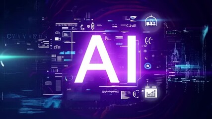 A close-up shot of a bright white AI text illuminated against a purple digital background with lines, shapes, and data.