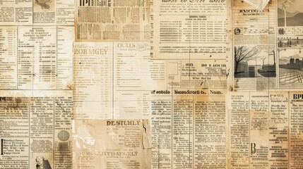 A collage of various old newspaper snippets overlaid on a beige, textured paper, creating an intriguing visual story with spaces left clear for textual content.