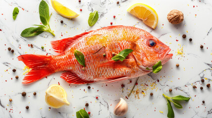 Wall Mural - Fresh whole red tilapia fish with lemon and spices, placed on a marble background, viewed from above.