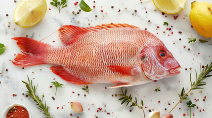 Wall Mural - Fresh whole red tilapia fish with lemon and spices, placed on a marble background, viewed from above.