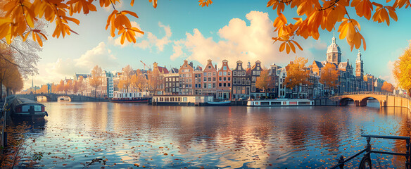 Canvas Print - City by the lake in autumn