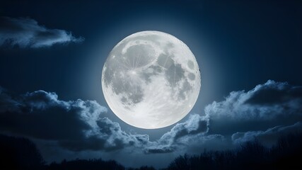 a full moon illuminating a serene night sky. the moon appears to be just above the horizon,casting a