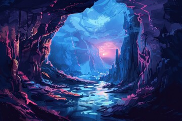 Wall Mural - Mystical Glowing Cavern with River and Sunset