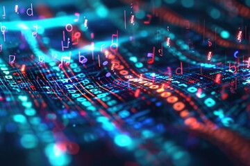 Poster - An abstract background featuring a combination of blue and pink colors with various numbers in a captivating pattern, Music notes replaced by binary code to represent digital music, AI Generated