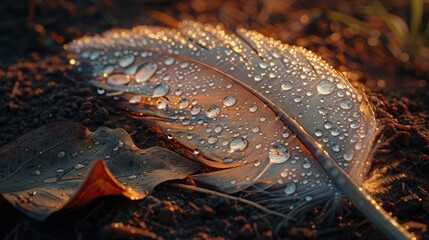 Wall Mural - A dew-covered feather on the ground, each water drop magnifying the feather's intricate details as the first morning light casts a warm hue.