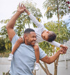 © Lumeez23/peopleimages.com - Excited, father and child on shoulders outdoor for playful game, family bonding and support of love in backyard. Smile, man and boy with trust, security and care of peace together for kid development