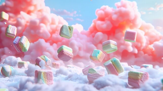 create a multi color cloud scene with lucky charm marshmallows floating AI generated