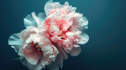 Sticker - Macro shot of a pink and white peony bouquet on a dark blue background detailed texture in fine art still life