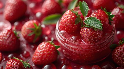 Wall Mural - Fresh strawberry and ice cubes, raspberry juice in a crystal glass on ice on a red background. Created with Generative AI