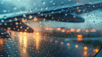 Wall Mural - A blurred sight of an airplane wing through a passenger window with raindrops Room for text