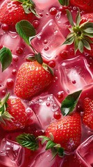 Wall Mural - Fresh strawberry and ice cubes, raspberry juice in a crystal glass on ice on a red background. Created with Generative AI